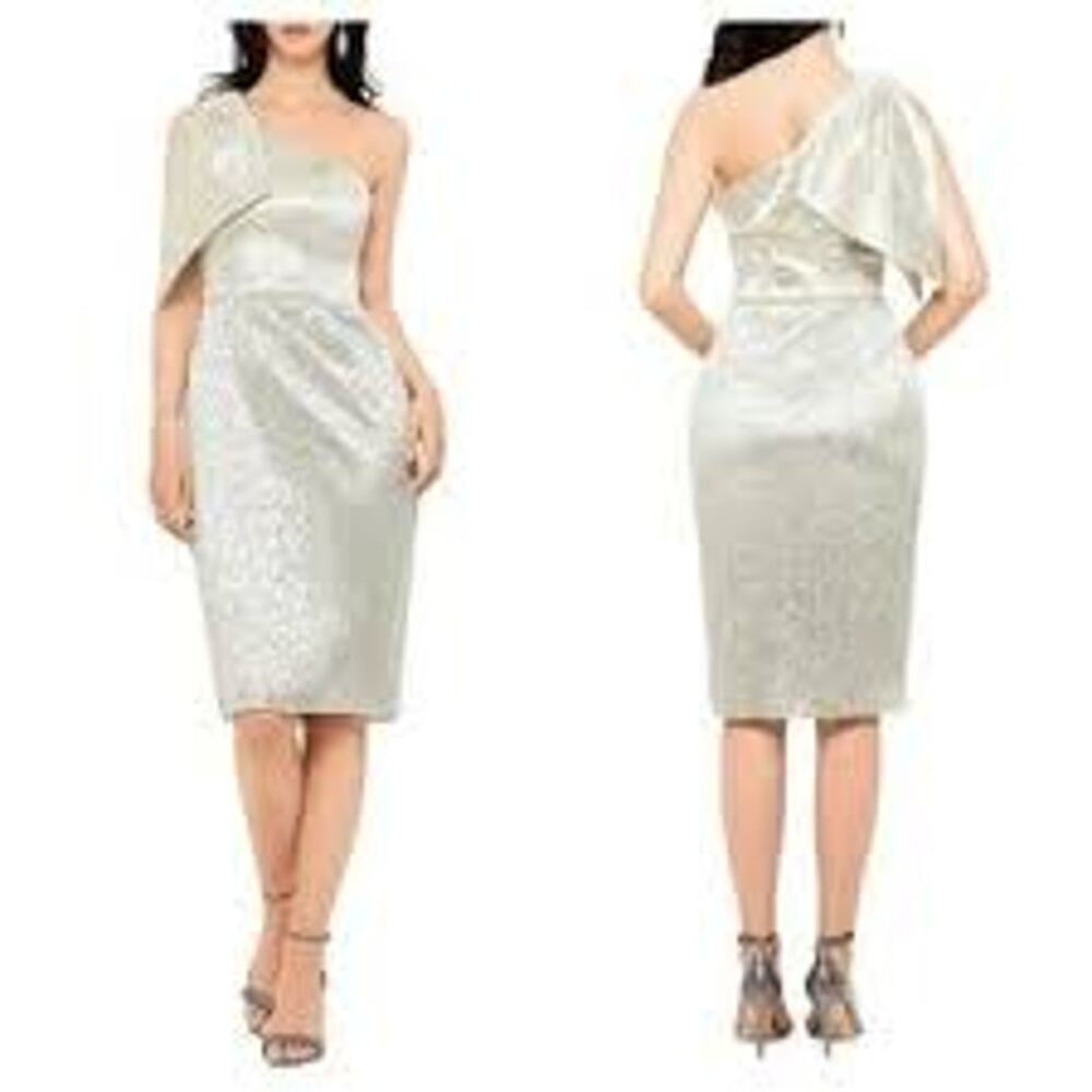 Betsy & Adam Metallic One Shoulder Cocktail Sheath Dress Gold Silver Women 8